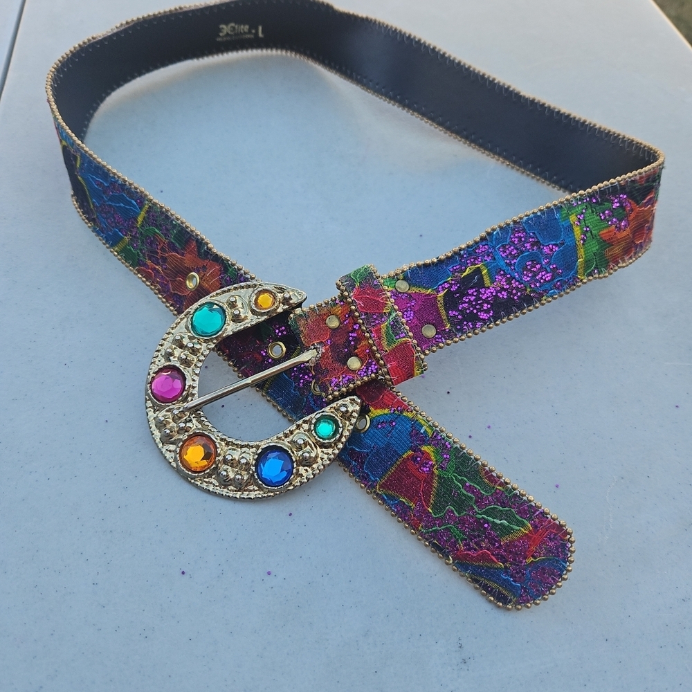 Vibrant Multicolor Women's Belt with Jeweled Buckle L - Picture 2 of 6